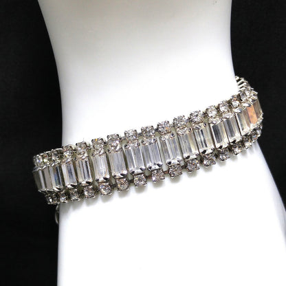 Vintage Weiss Clear Rhinestone Bracelet, Rhodium Plate, Safety Chain, 1950s