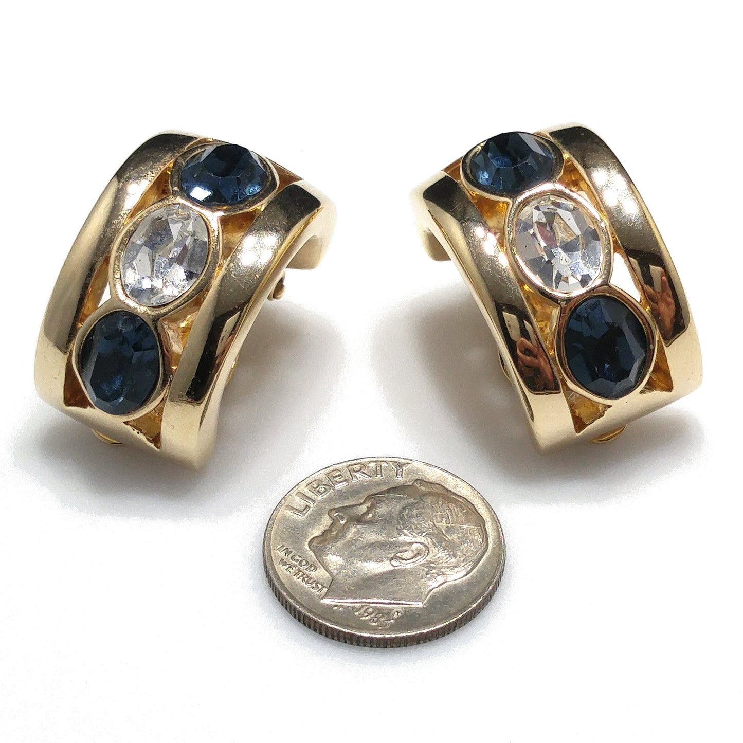 Vintage S.A.L. Swarovski Blue & Clear Rhinestone Clip Earring Hoops