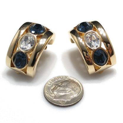 Vintage S.A.L. Swarovski Blue & Clear Rhinestone Clip Earring Hoops