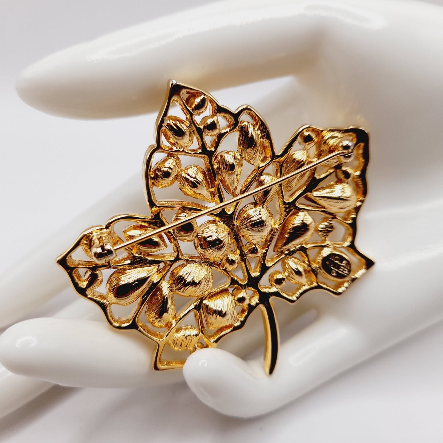 Vintage Nolan Miller Maple Leaf Brooch Gold Plated Rhinestone Glamour Collection 2 3/8"