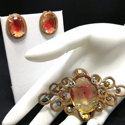 Vintage Gold Pink Large Glass Brooch Earrings Set, Gold Plated, 1960s Vintage Jewelry