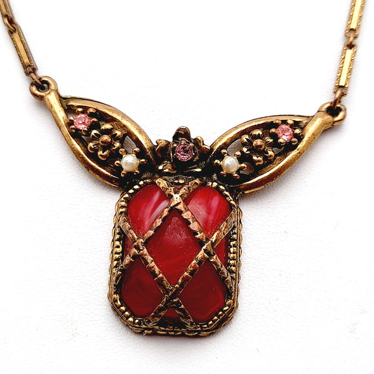 Vintage 1920s Red Thermoset Rhinestone Pendant Necklace, Art Deco, Pot Metal