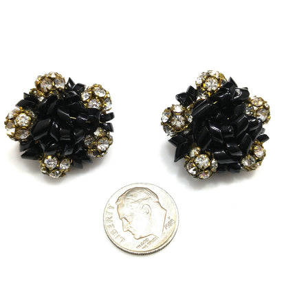 Carnegie Rhinestone Earrings, Black Glass Beads, 1950s Vintage Jewelry