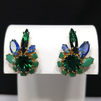 Sherman Green & Blue Rhinestone Earrings, Gold Plated, 1960s Vintage Jewelry