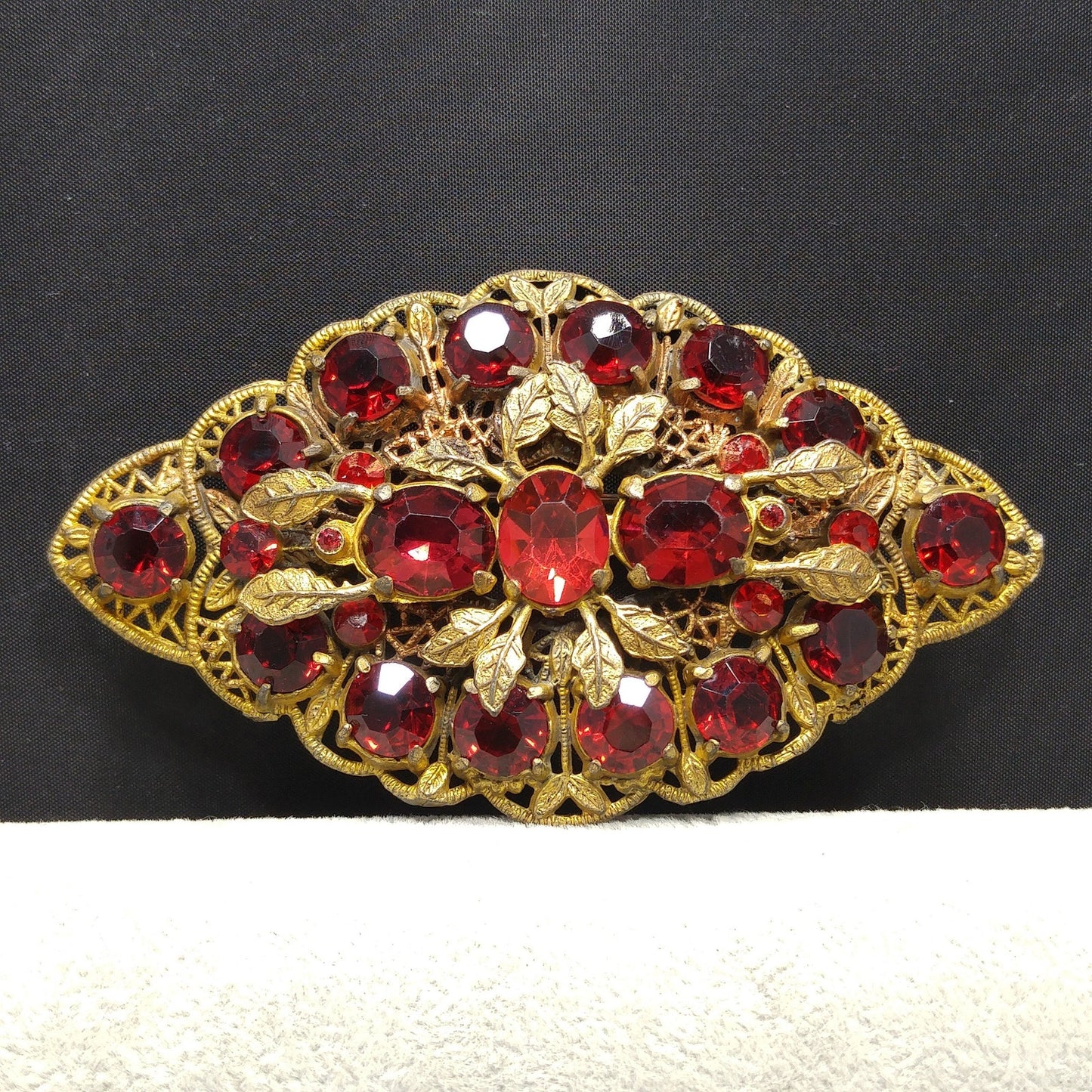 Antique Red Rhinestone Filigree Large Brooch, Wide Floral Sash Shoulder Pin, 1920s Vintage Jewelry