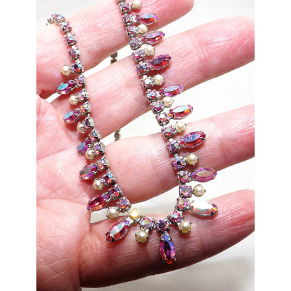 Vintage B. DAVID Pink Red AB Rhinestone Choker Necklace, 1960s, Rhodium Plated