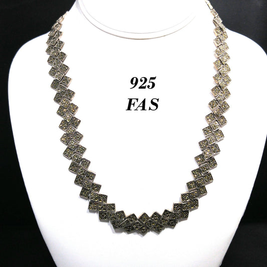 925 FAS Sterling Silver Marcasite Necklace Art Deco Style Vintage 1980s