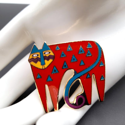 Laurel Burch "Miyo" Red Cat Brooch, Cloisonne Enamel, Gold Plated, 1980s Vintage Jewelry