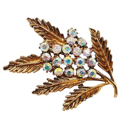 Vintage 1970s Leaf Blooms Aurora Borealis Rhinestone Brooch - 2 1/2 Inches