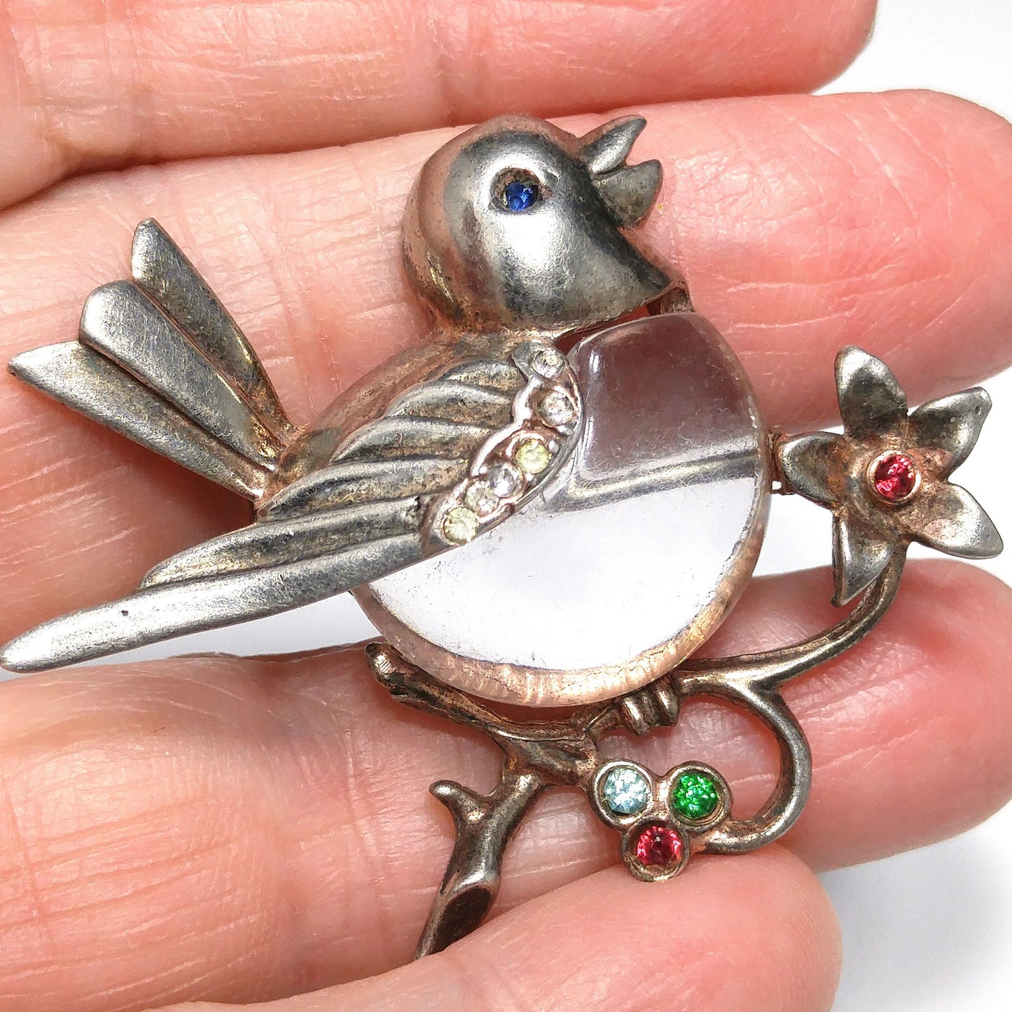 Sterling Silver Clear Lucite Bird Brooch, Jelly Belly Pin, 1940s Vintage Jewelry