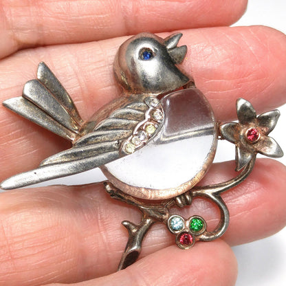Sterling Silver Clear Lucite Bird Brooch, Jelly Belly Pin, 1940s Vintage Jewelry