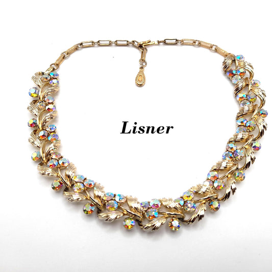 Vintage Lisner Aurora Borealis Rhinestone Choker Necklace, Gold Tone, 1950s