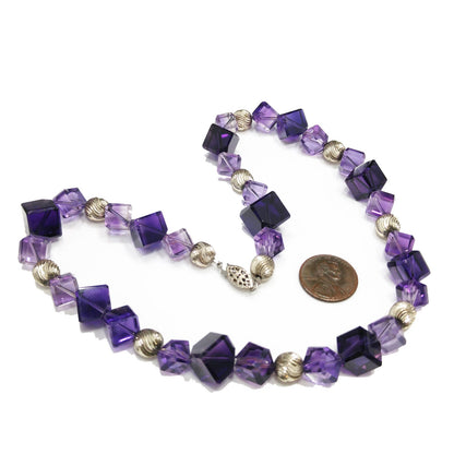 Vintage Amethyst Cube Bead Necklace – Light & Dark Purple Gemstones – 1990s