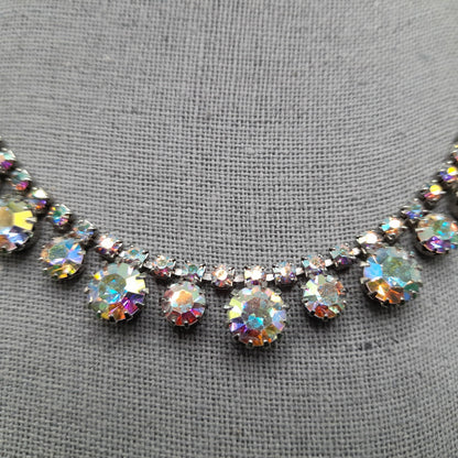 Aurora Borealis Rhinestone Choker Necklace, Rhodium Plated, 1960s Vintage Jewelry