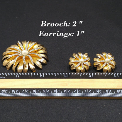 Kramer Floral Rhinestone Brooch & Earrings, Gold Plated, Faux Pearls, 1960s Vintage Jewelry