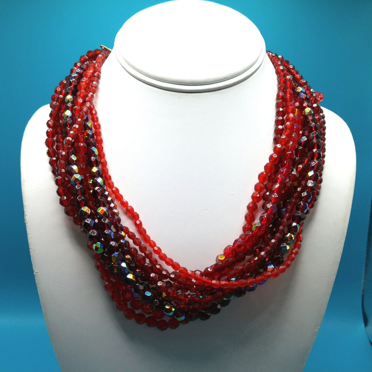 Red Fire Polished Bead Necklace, Nine Strands, 1980s Vintage Jewelry