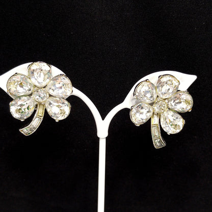 Bogoff Clear Rhinestone Floral Earrings, Rhodium Plated, Wedding Earrings, 1950s Vintage Jewelry