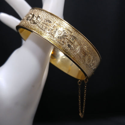 Vintage 1930s 10K GF Floral Hinged Bracelet Engraved Flowers Safety Chain