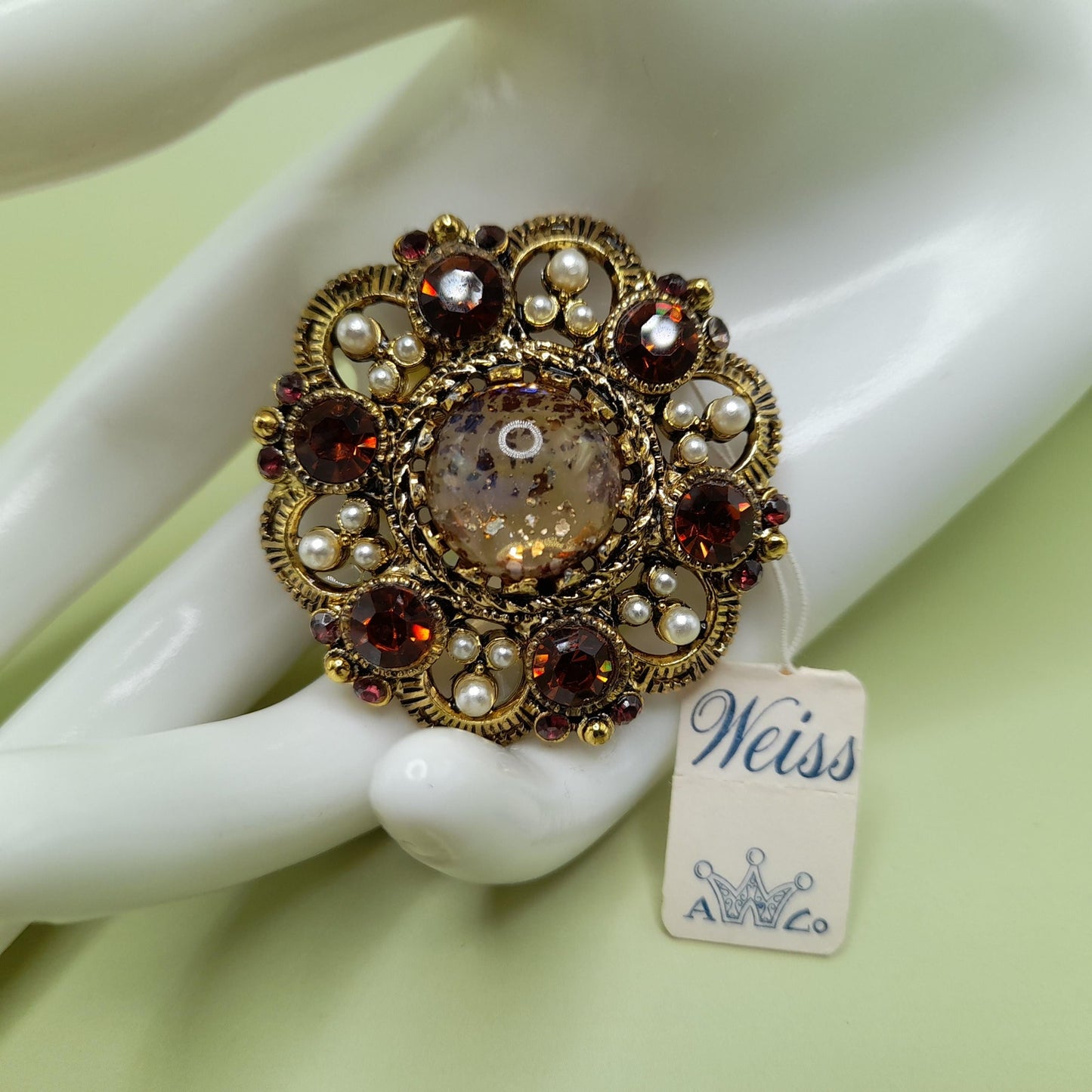 Vintage Weiss Fire Opal Dragons Breath Topaz Brooch Pendant, Faux Pearls, 1960s
