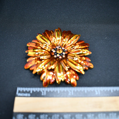 Joan Rivers Orange Gold Plated Floral Brooch, Rhinestone Center, 1990s