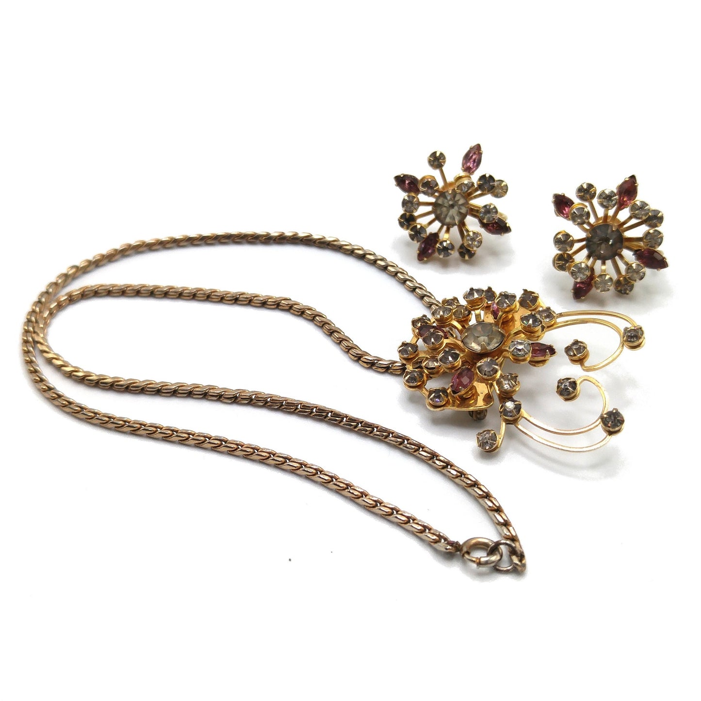 Floral Purple Rhinestone Pendant Brooch Necklace Earrings Set, Gray Clear Rhinestones, 1940s Vintage Jewelry