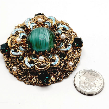 Vintage West Germany 1950s Green Rhinestone Enamel Filigree Faux Pearl Layered Brooch