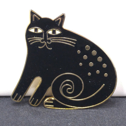 Vintage Laurel Burch Black "Keshire Cat" Brooch, Gold Plate, Black Enamel, 1980s