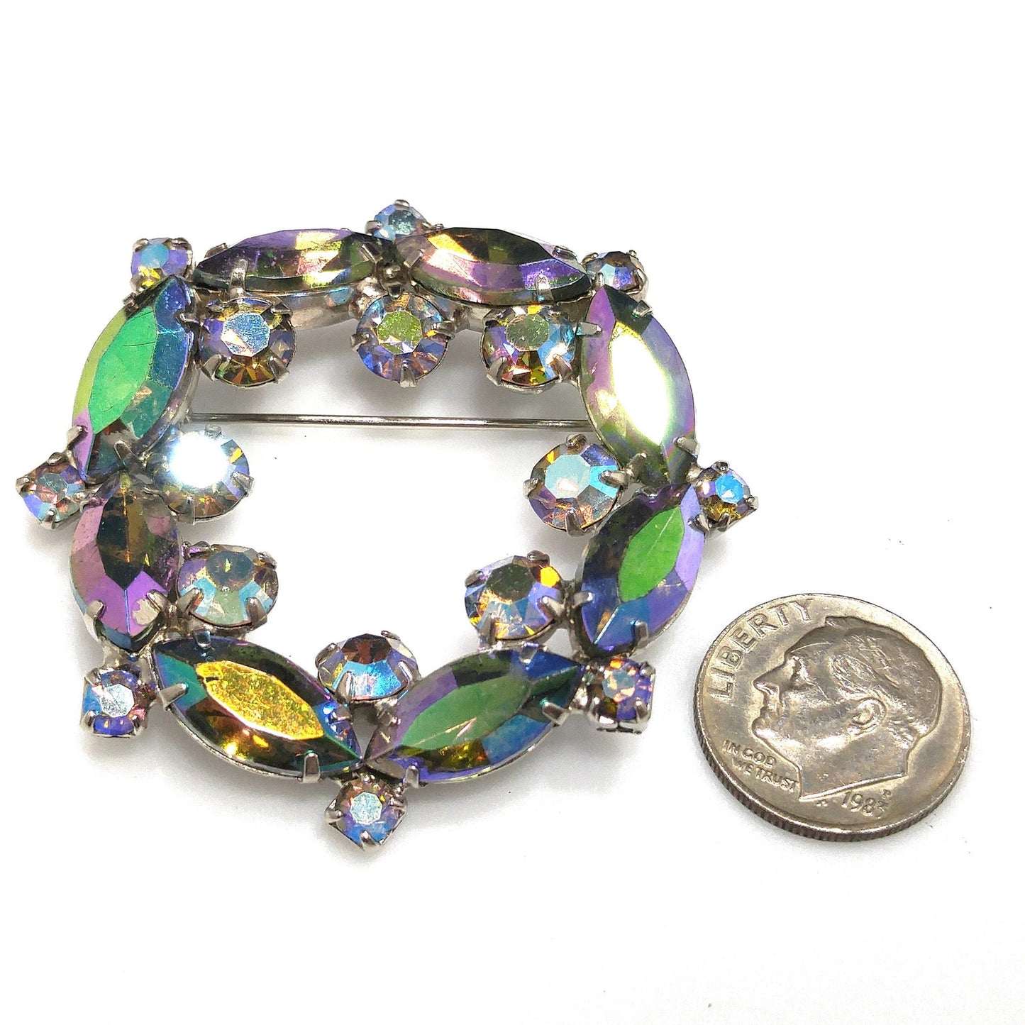 Blue Vitrail Rhinestone Wreath Brooch, 1960s Vintage Jewelry, Rhodium Plated
