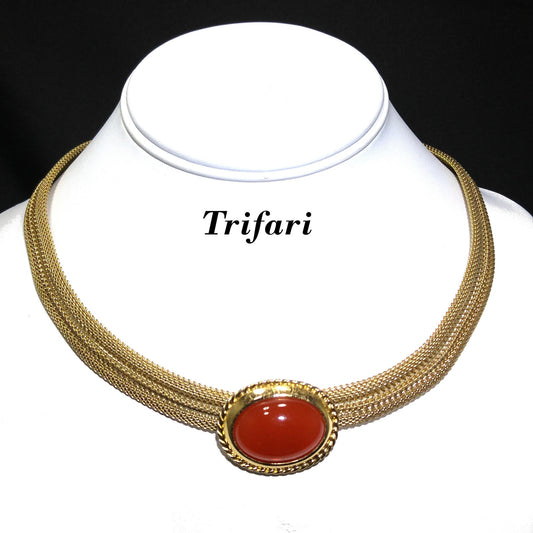 Trifari Orange Lucite Cabochon Necklace, Gold Plated Mesh, 1970s Vintage Jewelry