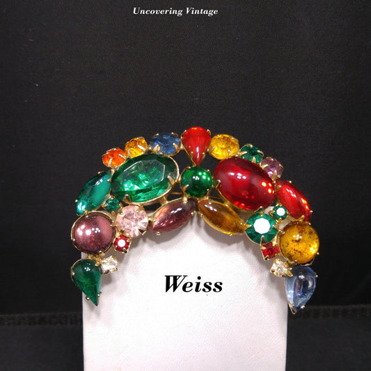 Weiss Crescent Moon Fruit Salad Brooch – Multicolor Cabochon Rhinestone 1950s