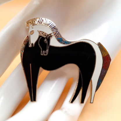 Laurel Burch "Embracing Horses" Brooch, Gold Plated, Black White Horse, 1980s Vintage Jewelry