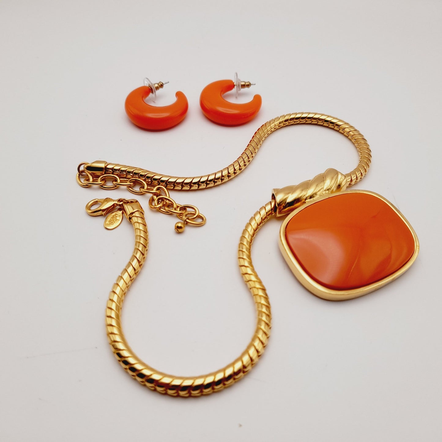 Vintage Joan Rivers Enamel Pendant Necklace & Hoop Earrings Set – Orange Lucite, 1990s Statement Jewelry