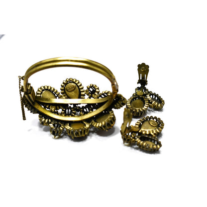 Hobe' Rhinestone Cuff Bracelet & Clip Earrings, Topaz Clear Rhinestone, Faux Pearls, 1950s