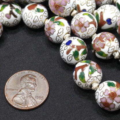 Vintage Cloisonne Beaded Necklace, Hand Knotted, Hand Painted Floral Beads, 1960s Vintage Jewelry
