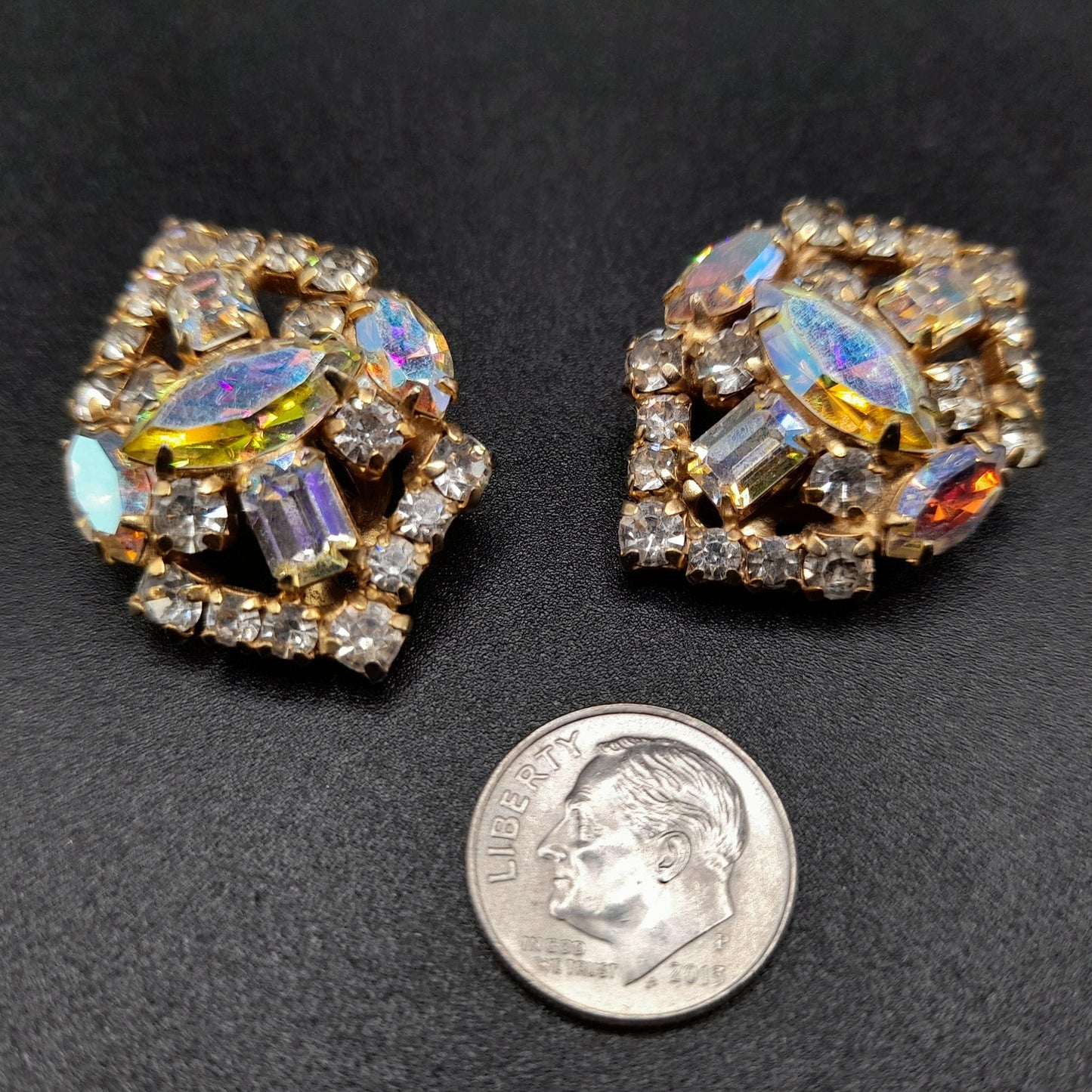 LaRoco Aurora Borealis Clip Earrings, Designer Gold Plated, 1960s Vintage Jewelry