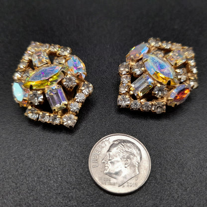 LaRoco Aurora Borealis Clip Earrings, Designer Gold Plated, 1960s Vintage Jewelry