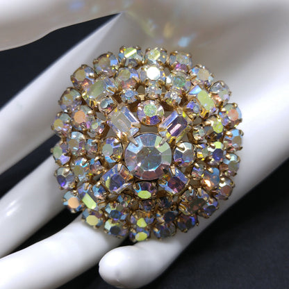 Aurora Borealis Clear Rhinestone Domed Brooch, 1960s Vintage Jewelry