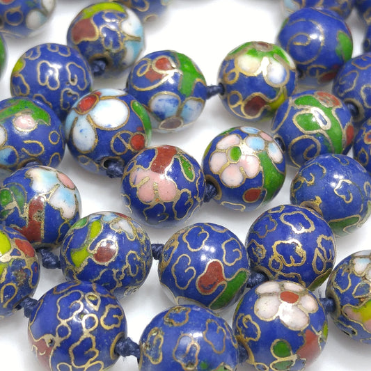 Cloisonne Blue Beaded Necklace, Floral Hand Painted Beads, 1960s Vintage Jewelry