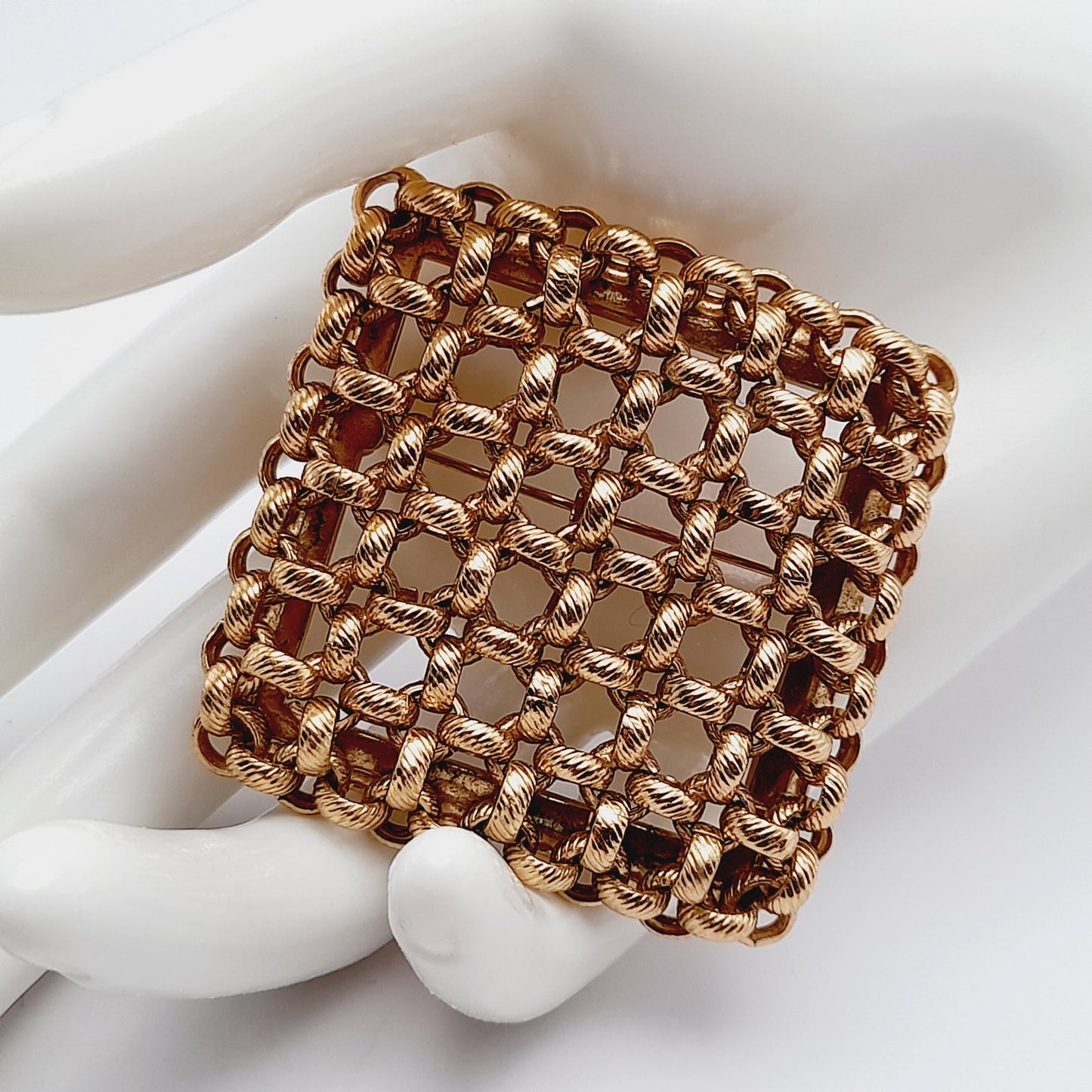 Vintage Monet Gold Plated Woven Square Brooch – 1980s Statement Designer Jewelry