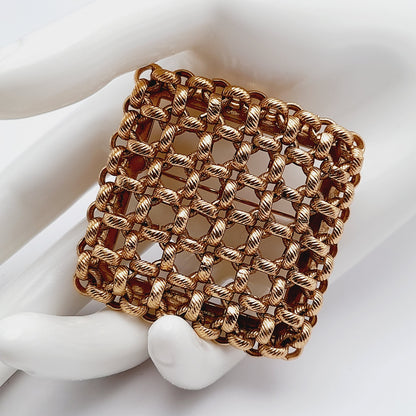 Vintage Monet Gold Plated Woven Square Brooch – 1980s Statement Designer Jewelry