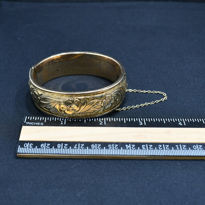 S O Bigney Gold Filled Floral Hinged Bracelet, Safety Chain, 1930s Vintage Jewelry