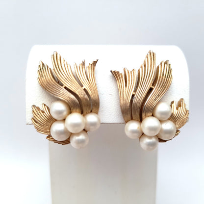 Vintage Crown Trifari Faux Pearl Clip Earrings – Gold Tone Designer Jewelry
