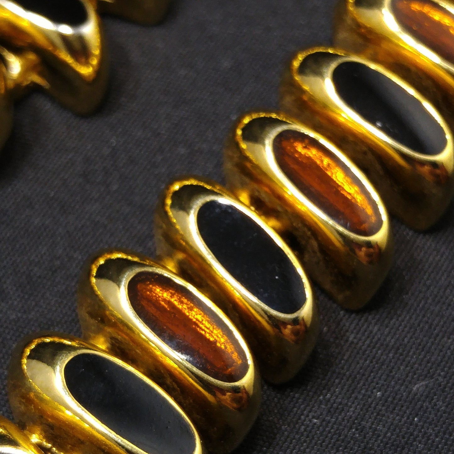 Erwin Pearl Enamel Necklace & Bracelet, Brown Black Enamel, Gold Plate, 1980s Vintage Jewelry