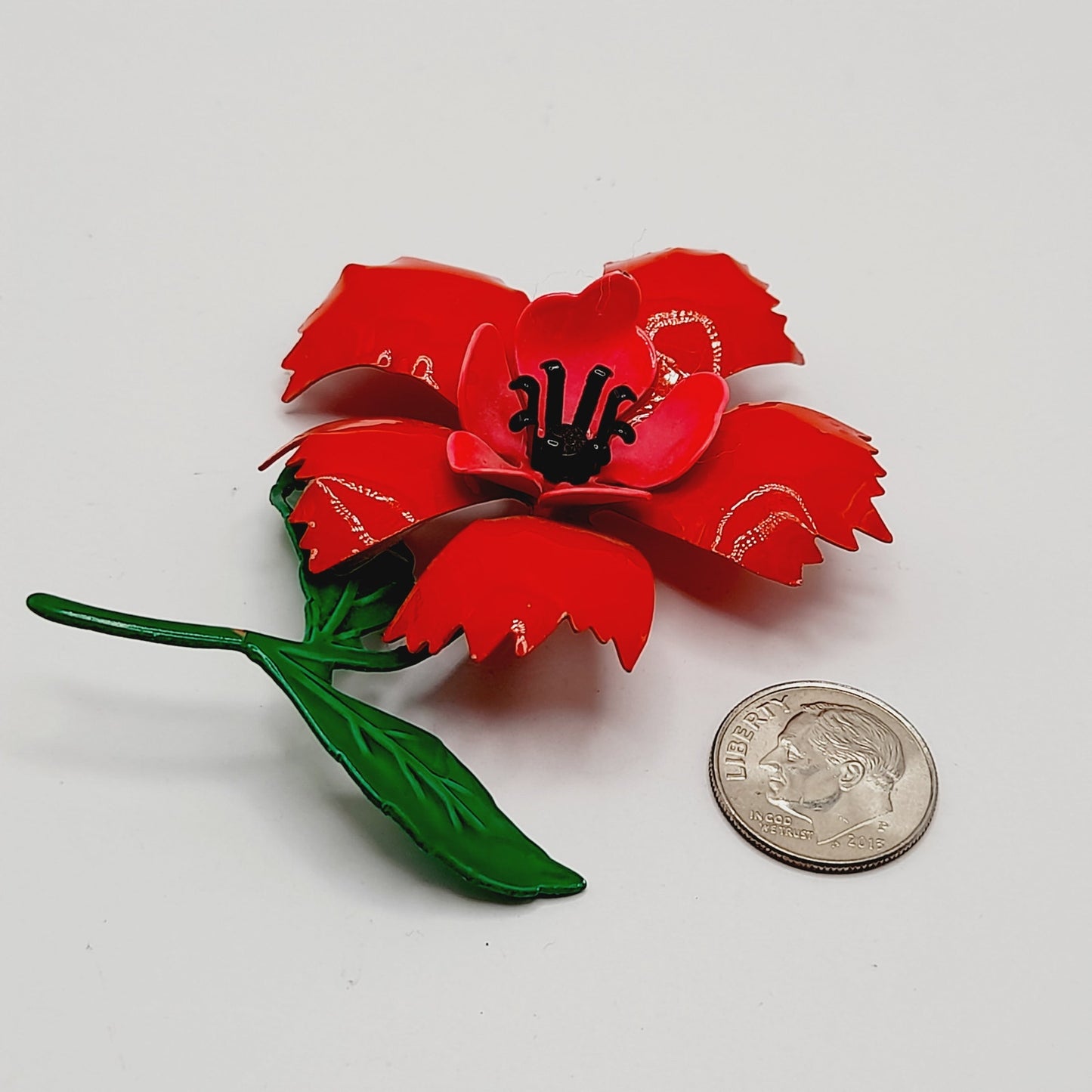 Vintage 1960s Red Green Enamel Flower Brooch