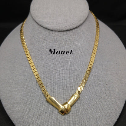 Monet Herringbone Chain Necklace, Gold Plated, V Pendant, 1980s Vintage Jewelry