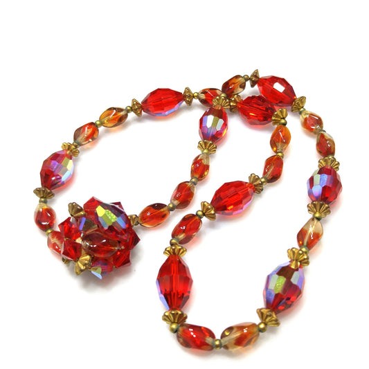 Red Aurora Borealis Beaded Necklace, Beaded Clasp, 1960s Vintage Jewelry