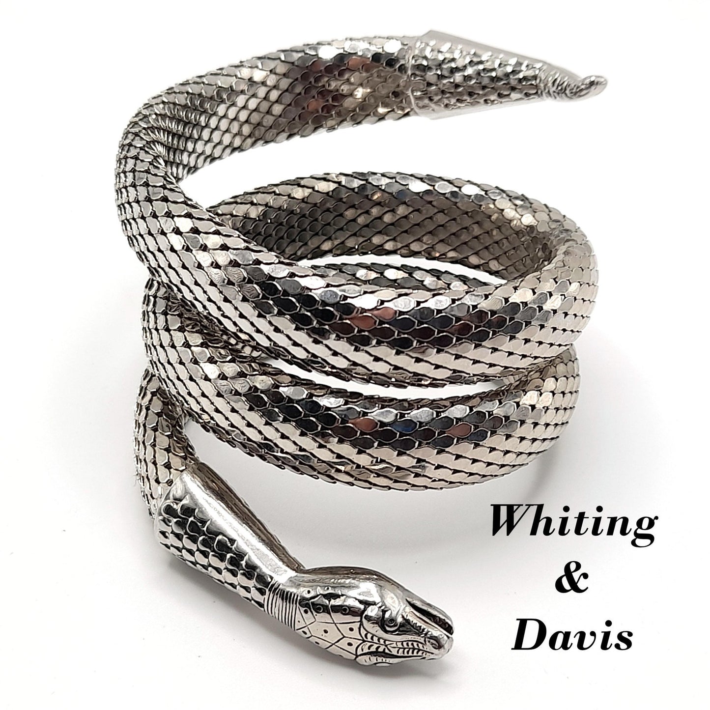 Whiting & Davis Snake Mesh Coil Bracelet, Rhodium Plated, Book Piece, 1970s Vintage Jewelry