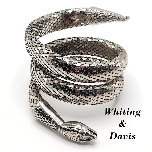 Whiting & Davis Snake Mesh Coil Bracelet, Rhodium Plated, Book Piece, 1970s Vintage Jewelry