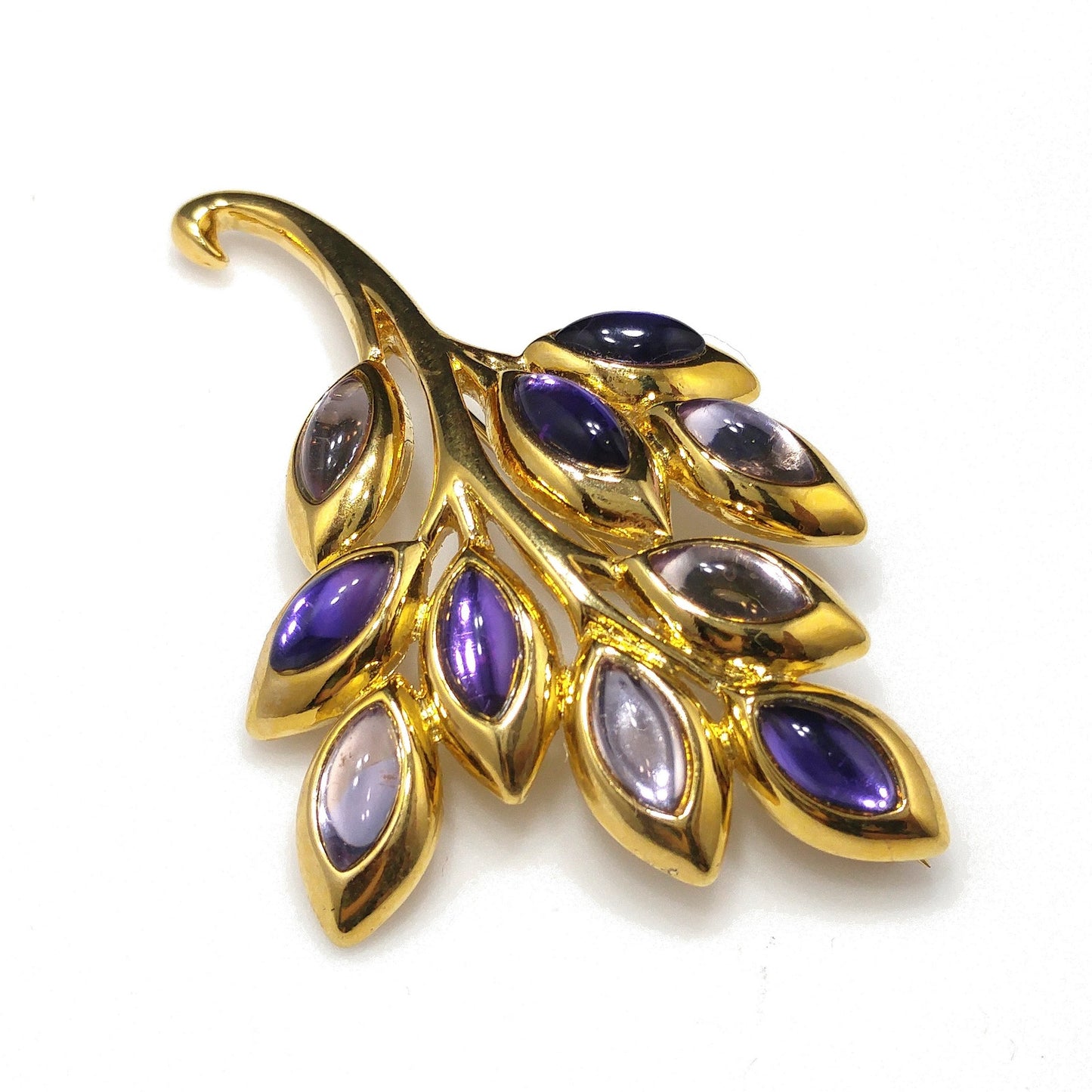 Trifari TM Purple Cabochon Gold Plated Brooch, Spray of Leaves Pin, 1980s Vintage Jewelry