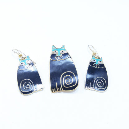 Laurel Burch "Olivia" Cat Earrings & Pendant Brooch Combo, 1980s Vintage Jewelry